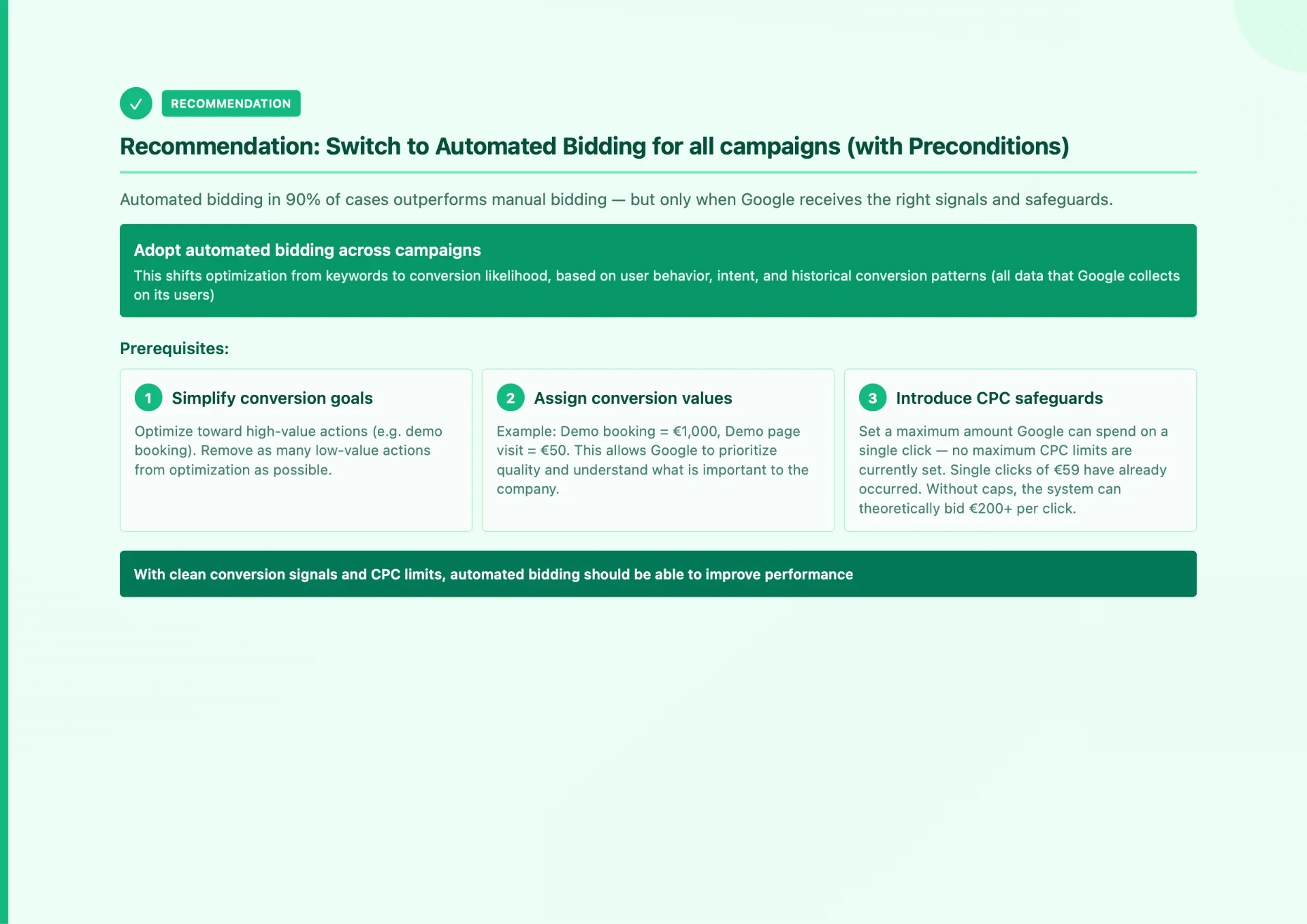 Google-Ads-Audit-Folie mit Empfehlung für automatisiertes Bidding samt Voraussetzungen
