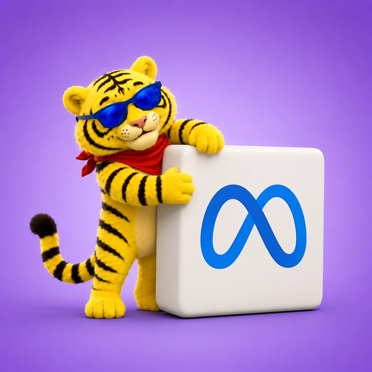 Kraftvertising Maskottchen Tiger mit dem Meta-Logo — B2B Meta Ads Agentur