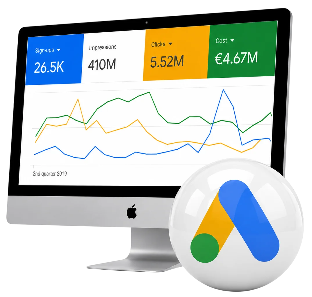 Google Ads Dashboard mit Kampagnen-Performance-Kennzahlen