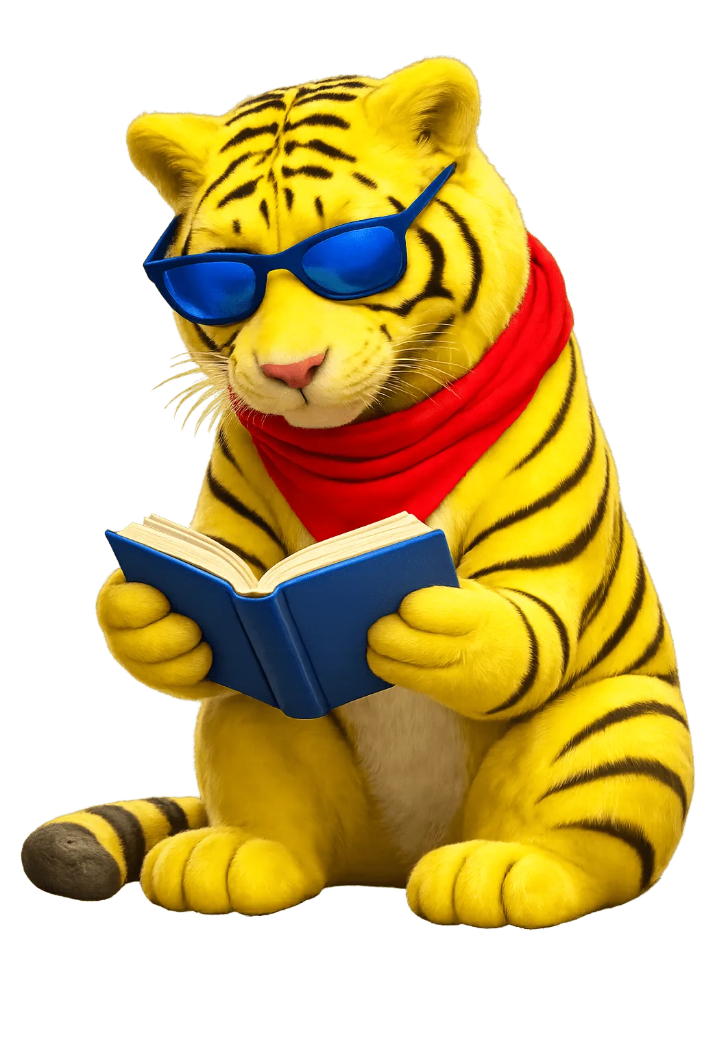 Kraftvertising Tiger Maskottchen liest ein Buch